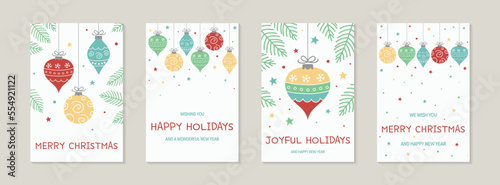Hanging Christmas balls. Greeting cards with wishes - collection. Vector illustration