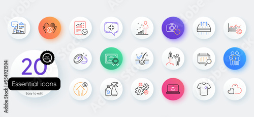 Simple set of Operational excellence, Checked calculation and Loan percent line icons. Include Online shopping, Calendar, Recovery photo icons. Survey, Certificate, Medical chat web elements. Vector