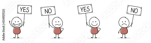 Cartoon stickmen with text on a board - yes and no. Vector