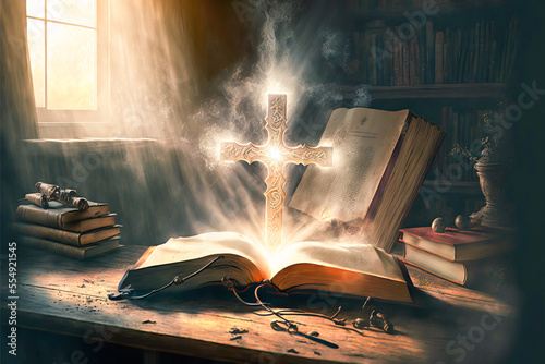 A Christian cross illuminates an ancient library. Mystical lights allow for prayer and divine contemplation. Ideal for visuals inspired by the sacred.