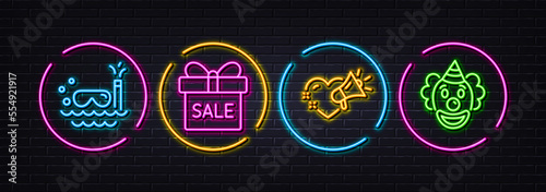 Love message, Scuba diving and Sale offer minimal line icons. Neon laser 3d lights. Clown icons. For web, application, printing. Heart, Trip swimming, Gift box. Funny performance. Vector