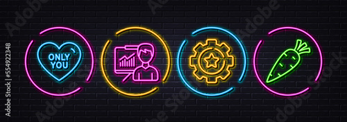 Presentation, Only you and Settings gear minimal line icons. Neon laser 3d lights. Carrot icons. For web, application, printing. Education board, Love heart, Technology process. Vector
