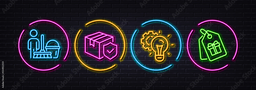 Idea gear, Cleaning and Parcel insurance minimal line icons. Neon laser 3d lights. Coupons icons. For web, application, printing. Technology process, Clean service, Delivery care. Vector