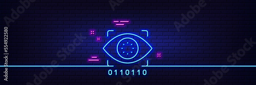 Neon light glow effect. Artificial intelligence line icon. Retinal access sign. Privacy secure symbol. 3d line neon glow icon. Brick wall banner. Artificial intelligence outline. Vector