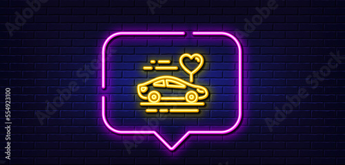 Neon light speech bubble. Honeymoon travel line icon. Love car trip sign. Valentines day transport symbol. Neon light background. Honeymoon travel glow line. Brick wall banner. Vector