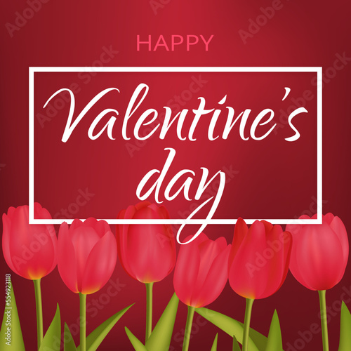 Valentines day sale red romantic background with 3d realistic flowers, red tulips template. Realistic 3d design. Vector illustration. For wallpaper, flyer, invitation, poster, brochure, banner.