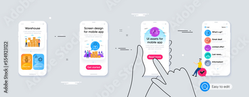 Outline set of Leadership, Human and Cogwheel line icons for web application. Phone ui interface. Include Teamwork, Wash hand, Approved icons. Group, Work home, Wedding rings web elements. Vector