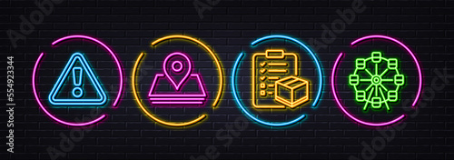 Parcel checklist  Warning and Pin minimal line icons. Neon laser 3d lights. Ferris wheel icons. For web  application  printing. Logistics check  Important message  Map point. Attraction park. Vector