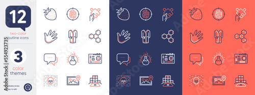 Set of Hand, Puzzle and Chemistry experiment line icons. Include Motherboard, Cyber attack, Strawberry icons. Photo location, Inventory, Bathrobe web elements. Message, Fingerprint. Vector