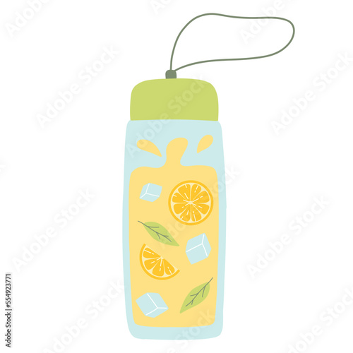 Bottle with lemonade. Cool lemonade with pieces of lemon, mint and ice. Vector illustration isolated on white background. Flat style.