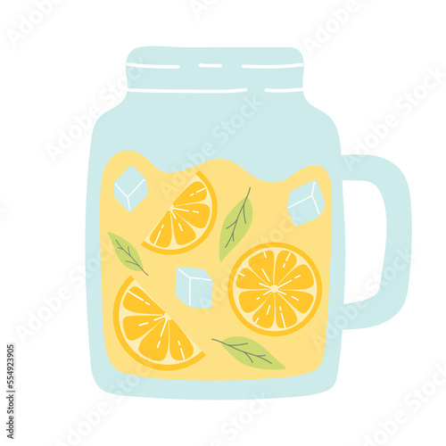 Pitcher with lemonade. Cool lemonade with pieces of lemon, mint and ice. Vector illustration isolated on white background. Flat style.