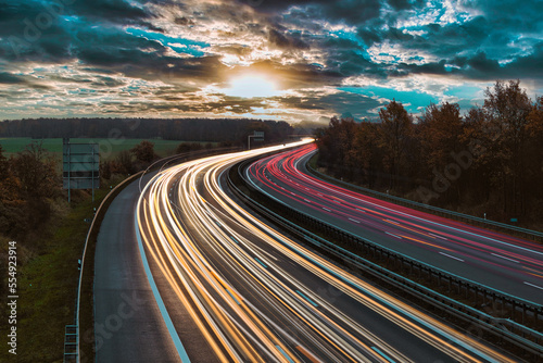 Langzeitbelichtung - Autobahn - Strasse - Traffic - Travel - Sunrise - Line - Ecology - Motorway - Highway - Night Traffic - Long Exposure - Cars Speeding - Lights - Sunset - High quality photo