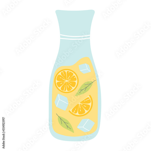 Pitcher with lemonade. Cool lemonade with pieces of lemon, mint and ice. Vector illustration isolated on white background. Flat style.