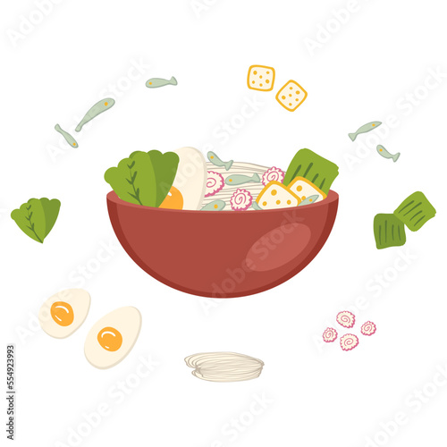 Niboshi asian food ramen soup recipe ingredients. Perfect for tee  stickers  menu and stationery. Vector illustration for decor and design.