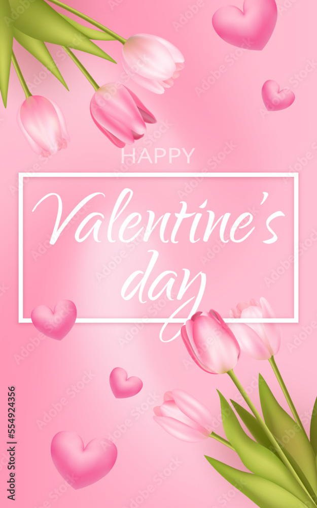 Valentines day sale pink romantic background with 3d realistic flowers, 
 tulips template. Realistic 3d hearts design. Vector illustration. For wallpaper, flyer, invitation, poster, brochure, banner.