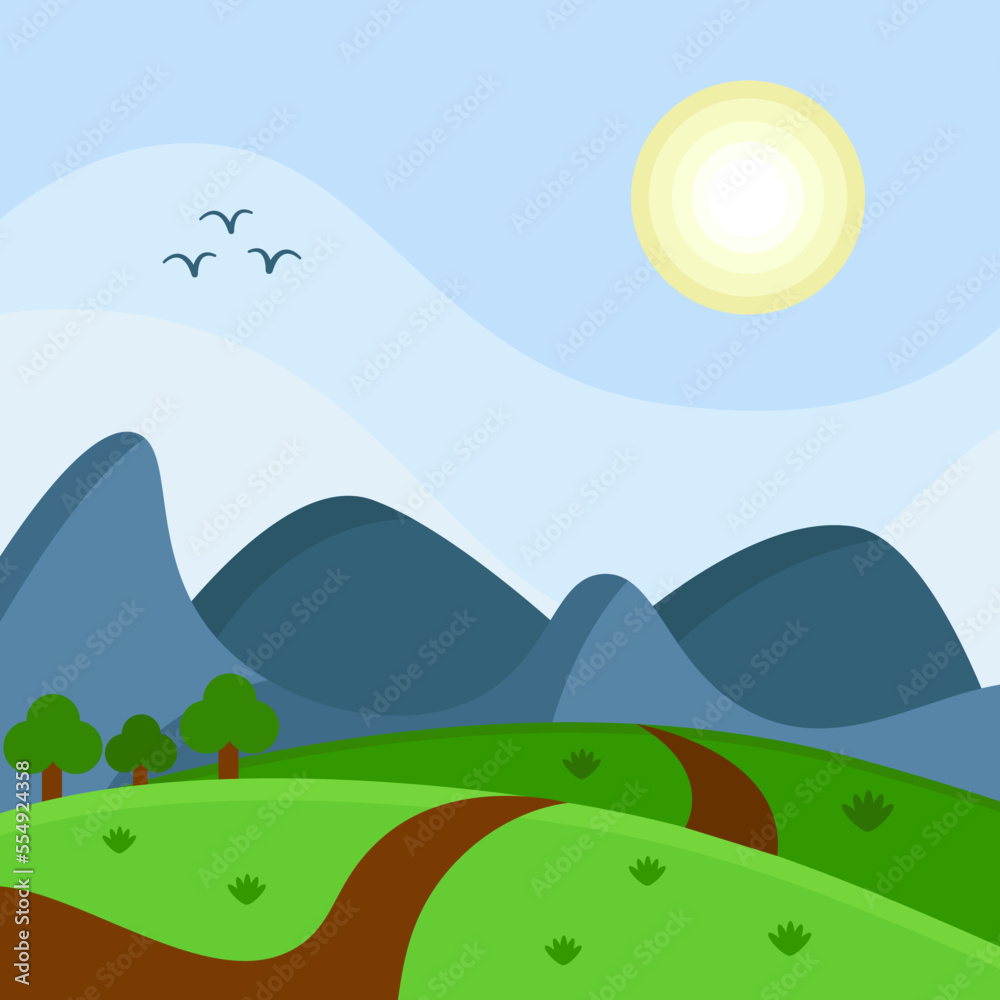 Fototapeta premium Landscape with mountains, fields, trees and road. Nature park outdoor background. Vector illustration in flat style.