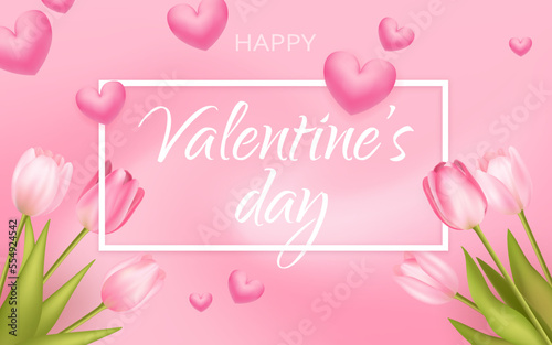 Valentines day sale pink romantic background with 3d realistic flowers, tulips template. Realistic 3d hearts design. Vector illustration. For wallpaper, flyer, invitation, poster, brochure, banner.