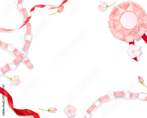 薄いピンク色のかわいい桜と折り紙の輪っか飾りとメダルー白バックフレーム背景素材