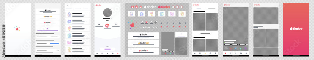 Set Tinder screen social media and social network interface template. Tinder mockup. Editorial vector. - obrazy, fototapety, plakaty 
