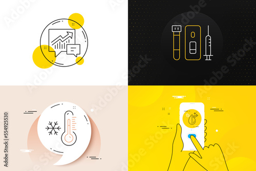 Minimal set of Accounting, Dirty water and Low thermometer line icons. Phone screen, Quote banners. Blood and saliva test icons. For web development. Vector