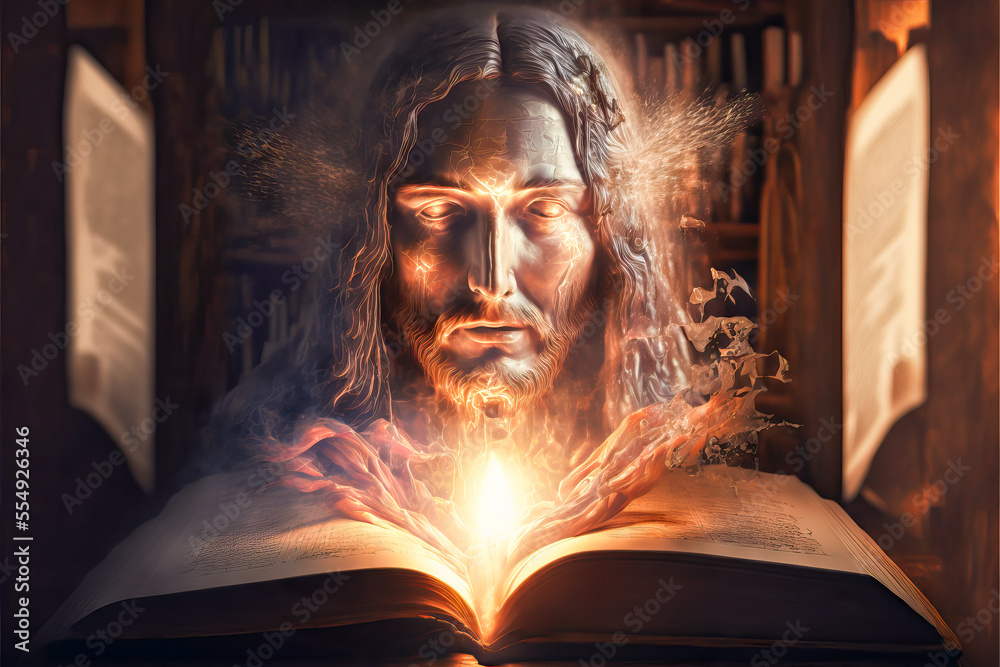 A mystical vision of Jesus Christ from the Bible on an old book ...