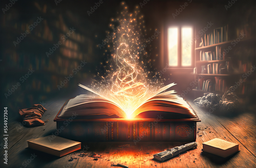Aged book of magic open emitting magical sparks and smoke, evoking an  ancient and fantastical library. Perfectly suited for magical themes. Stock  Illustration