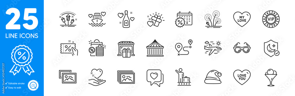 Outline icons set. Fireworks, Heart and Sunglasses icons. Luggage belt, Shopping bags, Ice cream web elements. Discount coupon, Gift shop, Love you signs. Airplane travel. Vector Outline icons set. Fireworks, Heart and Sunglasses icons. Luggage belt, Shopping bags, Ice cream web elements. Discount coupon, Gift shop, Love you signs. Airplane travel. Vector