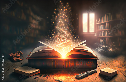 Tela Aged book of magic open emitting magical sparks and smoke, evoking an ancient and fantastical library