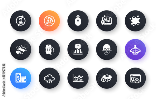 Minimal set of Love gift, Face recognition and Dirty spot flat icons for web development. Packing boxes, Human resources, Swipe up icons. Wallet money, Gps, Trade infochart web elements. Vector