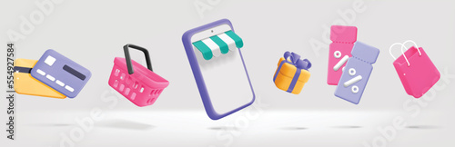 3d vector realistic render online shopping symbols floating in line design promotion element. Smartphone with awning, gift with ribbon, discount coupon with percentage sign, cart, basket, credit card,