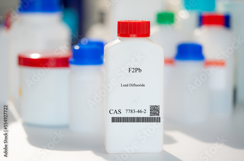 F2Pb lead difluoride CAS 7783-46-2 chemical substance in white plastic laboratory packaging photo
