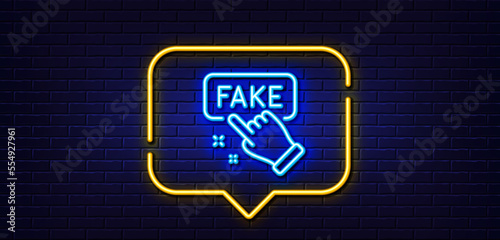 Neon light speech bubble. Fake information line icon. Propaganda conspiracy sign. Web wrong truth symbol. Neon light background. Fake information glow line. Brick wall banner. Vector