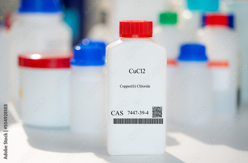 CuCl2 copper(II) chloride CAS 7447-39-4 chemical substance in white plastic laboratory packaging CuCl2 copper(II) chloride CAS 7447-39-4 chemical substance in white plastic laboratory packaging