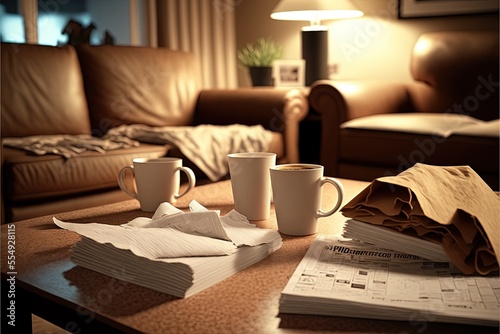 messy Living room with coffee cups on the table Generative AI