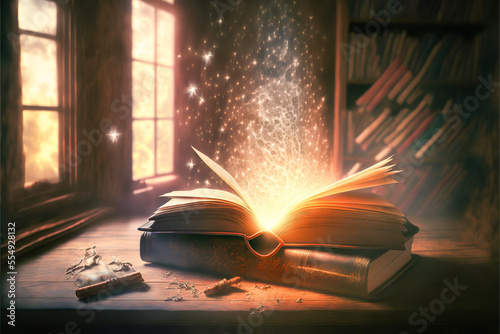 An old, magical grimoire book with sparks and smoke coming out, giving off an ancient and mysterious atmosphere perfect for any library. Ideal for conveying a feeling of fantasy.