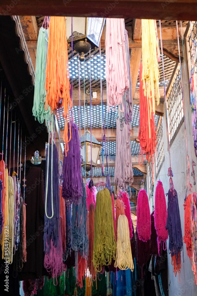 Fes, Morocco Skeind of yarn hang to dry after being hand dyed