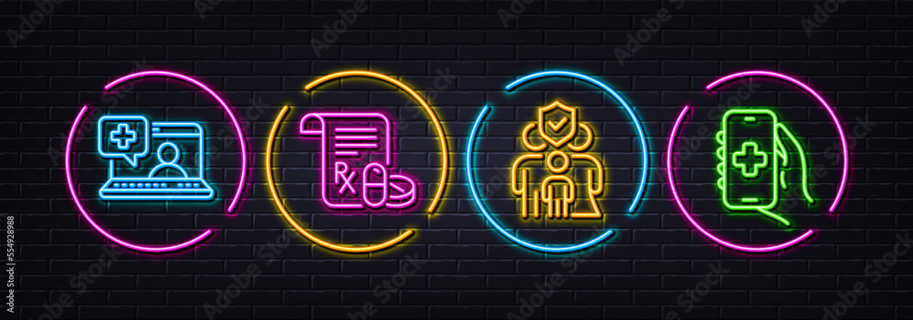 Medical prescription, Medical help and Family insurance minimal line icons. Neon laser 3d lights. Health app icons. For web, application, printing. Vector