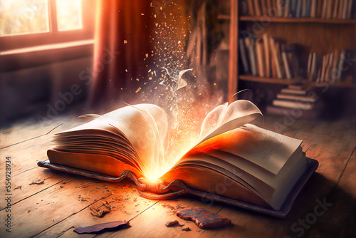 An ancient grimoire with magical spells, illustrated with sparks and smoke emanating from it. Perfect to create a mysterious and old-fashioned scene of a library.