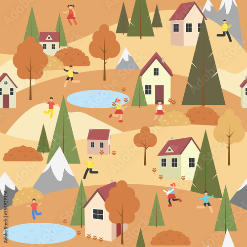 Seamless pattern vacation in the Countryside. Autumn season outdoor landscape yellow grass cozy houses, people and lakes. Children playing. Harvest and gardening. Vector illustration. ©  Tati. Dsgn