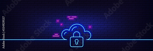 Neon light glow effect. Cloud computing protection line icon. Internet data storage sign. File hosting technology symbol. 3d line neon glow icon. Brick wall banner. Cloud protection outline. Vector
