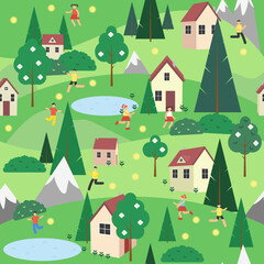 Papier peint photo Paysage patrons Campagne printanière maisons fleuries villageois  ©  Tati. Dsgn