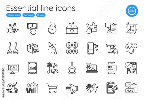 Chemistry pipette, Money currency and Rainy weather line icons. Collection of Ssd, Clipboard, Washing machine icons. Refrigerator timer, Business statistics, Donation money web elements. Vector