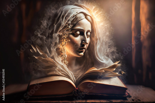 The Virgin Mary stands in a historical place, overlooking an open bible. An inspiring image to mark the deep connection between faith and the Christian religion. photo