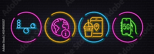 Internet, Food app and Balance minimal line icons. Neon laser 3d lights. 5g internet icons. For web, application, printing. Web info, Meal order, Concentration. Phone network. Vector