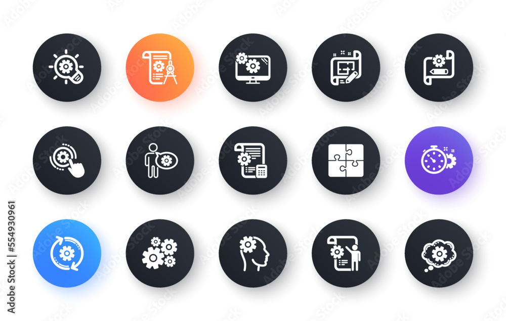 Engineering icons. Puzzle, Dividers tool and Architect plan. Engineer classic icon set. Circle web buttons. Vector Engineering icons. Puzzle, Dividers tool and Architect plan. Engineer classic icon set. Circle web buttons. Vector