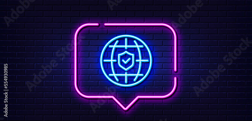 Neon light speech bubble. Global insurance line icon. Travel risk coverage sign. Policyholder protection symbol. Neon light background. Global insurance glow line. Brick wall banner. Vector