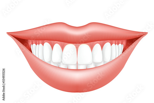 Smile makeover, woman lips and dentition, semiopen mouth with hollywood smile, dental clinic, vector photo
