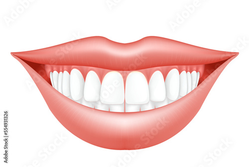 Smile makeover, woman lips and dentition, semiopen mouth with hollywood smile, dental clinic, vector