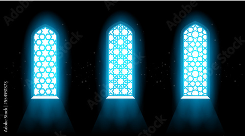 Window of mosque with arabic grating pattern, stained-glass window with laced ornament in oriental style, interior , vector