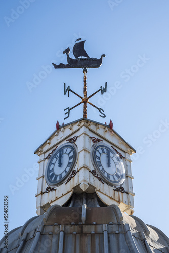Marine themed weather vane on a clock tower, North Downs Way; Kent, England